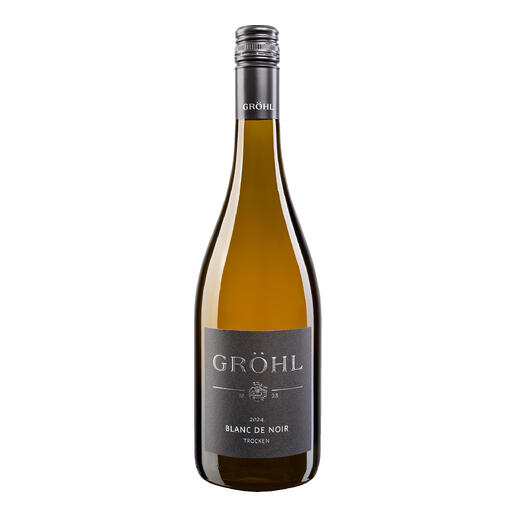 Flasche Groehl Blanc de Noir 2023, stilvoll mit minimalistischem Design.