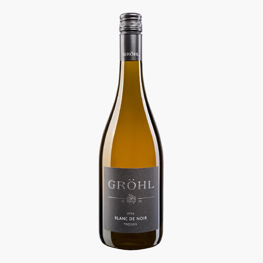 Flasche Groehl Blanc de Noir 2023, stilvoll mit minimalistischem Design.
