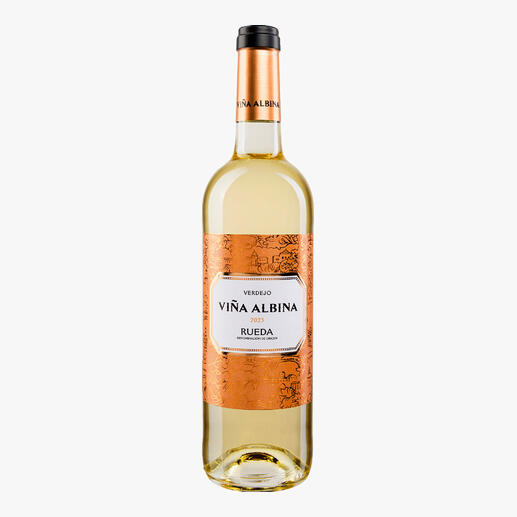 Viña Albina Verdejo 2023, Rueda DO, Spanien 
            Der beste Weißwein aus Rueda. Unter 80 Konkurrenten. (Mundus Vini)*
            *mundusvini.com, Mundus Vini Spring Tasting 2024
        