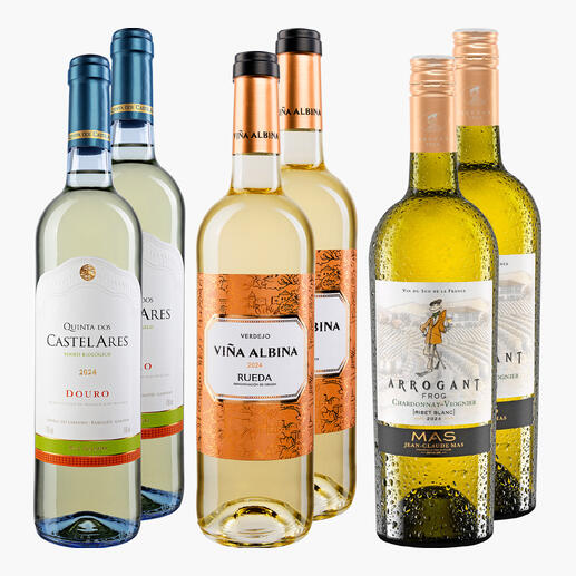 Sechs Flaschen Weißwein aus verkosteten Siegerweinen.