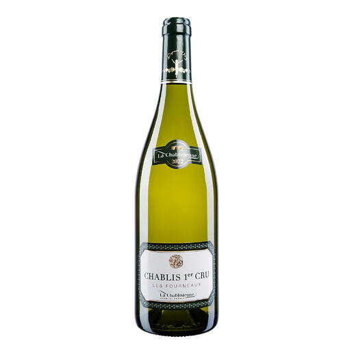 Flasche Chablis 1er Cru Les Fourneaux 2022 mit grünem Etikett auf weißem Hintergrund.