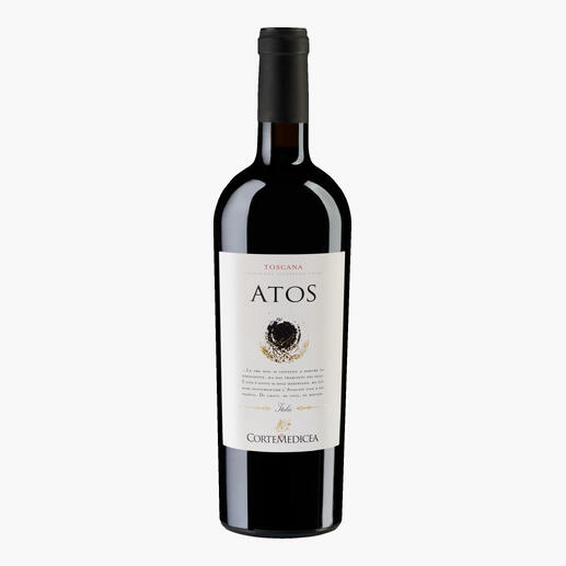 Flasche Atos, ein Rotwein aus der Toskana mit eleganter Etikettierung.