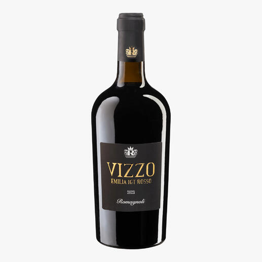 Flasche Vizzo Rosso 2023 mit schlichtem, schwarzem Etikett auf weißem Hintergrund.