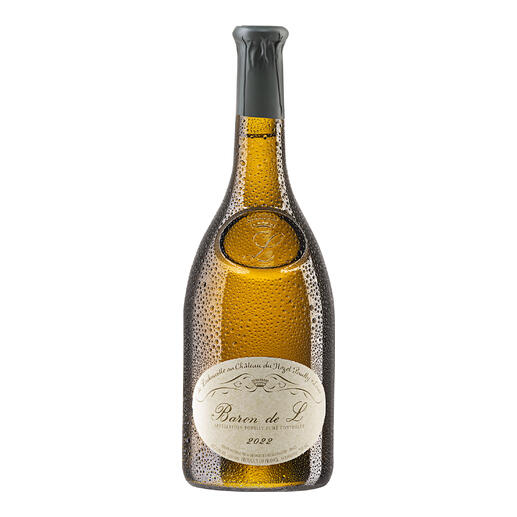 Flasche Baron de L mit stilvollem Design und feuchter Oberfläche.