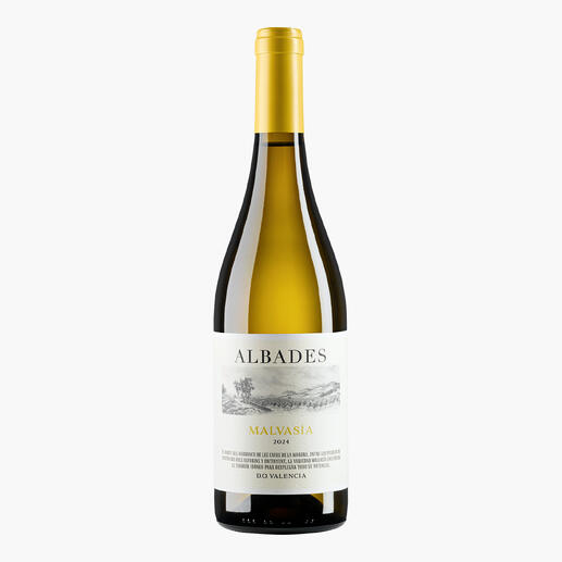 Weißwein Malvasia Albades 2024 in schlanker Flasche mit gelbem Korken.