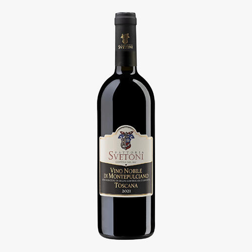 Rotwein Vino Nobile di Montepulciano Svetoni 2021, Fattoria Svetoni, Toskana, in stilvoller Flasche