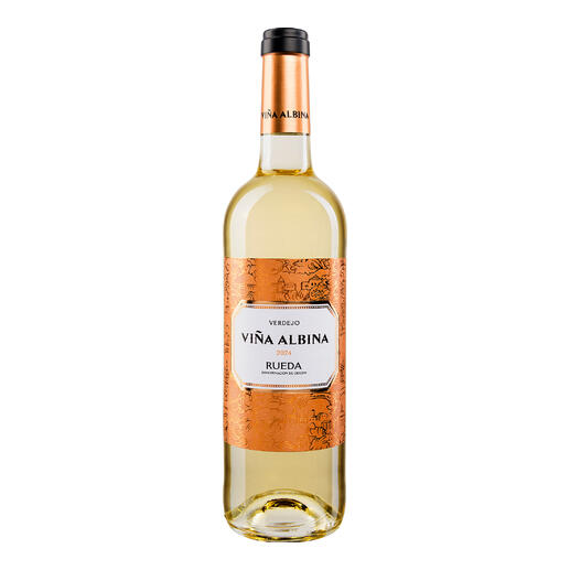Flasche Viña Albina Verdejo 2024 auf weißem Hintergrund.