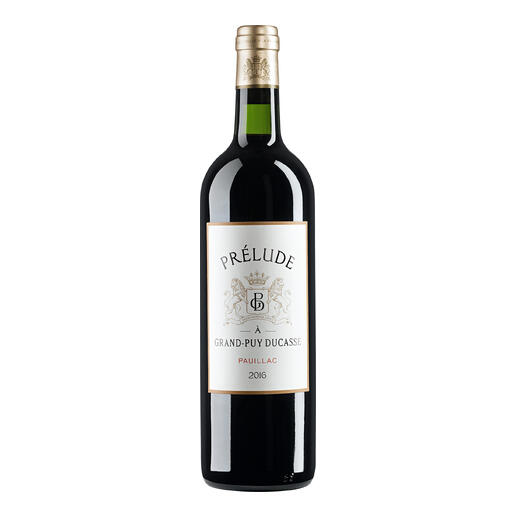 Rotwein Prelude Ducasse 2016 in eleganter Flasche mit weißem Etikett.
