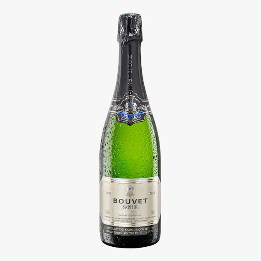 Flasche Saphir 2023 Bouvet Ladubay Saumur Brut AOP mit grünem Inhalt.