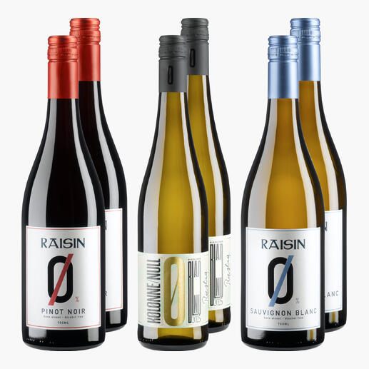 Sechs Flaschen alkoholfreier Wein, darunter Rot- und Weißweine, auf einem hellen Hintergrund.
