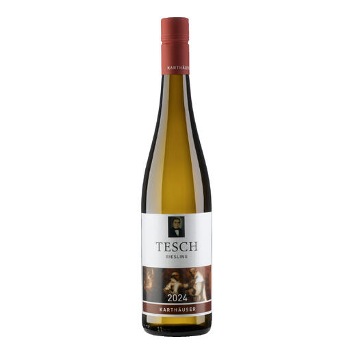Flasche Tesch Karthäuser Riesling mit informativem Etikett.