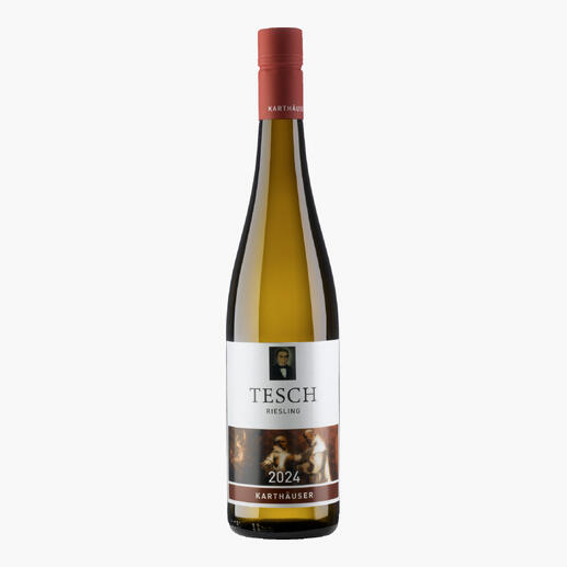 Flasche Tesch Karthäuser Riesling mit informativem Etikett.