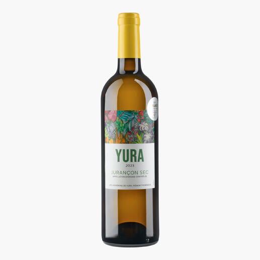 Flasche Yura Juracon Sec Wein mit kreativem Etikett.