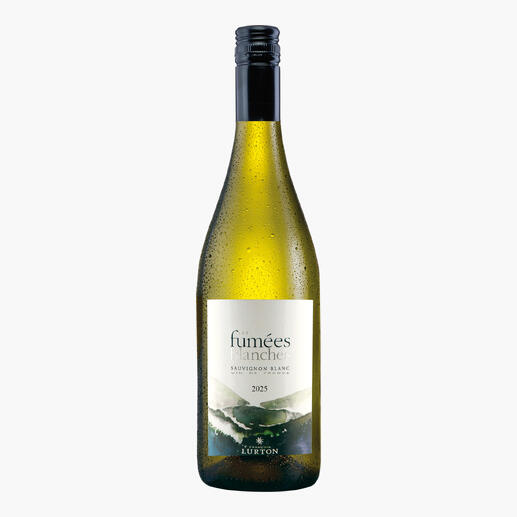 Flasche Sauvignon Blanc 'Les Fumées Blanches' 2025 mit Landschaftsdesign aus Frankreich.