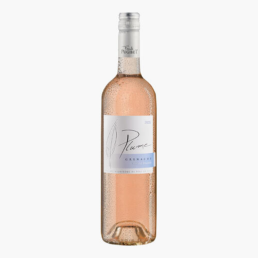 Flasche Plume Rosé Wein aus dem Languedoc, dekorativ mit Wasserblasen.