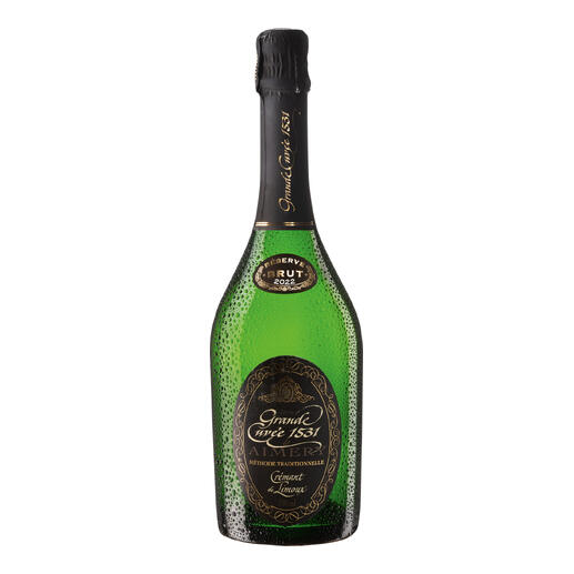 Flasche Crémant de Limoux Réserve 2022 mit grünem Glas und schwarzem Etikett.