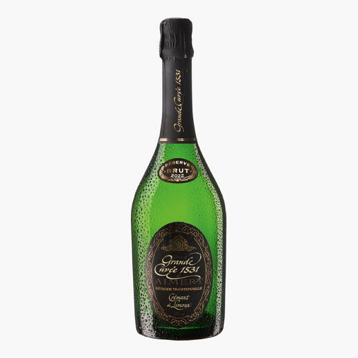 Flasche Crémant de Limoux Réserve 2022 mit grünem Glas und schwarzem Etikett.