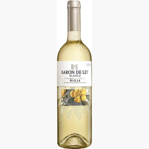 Flasche Rioja Blanco 2025, Baron de Ley mit floraler Etikettierung, halbtransparent.