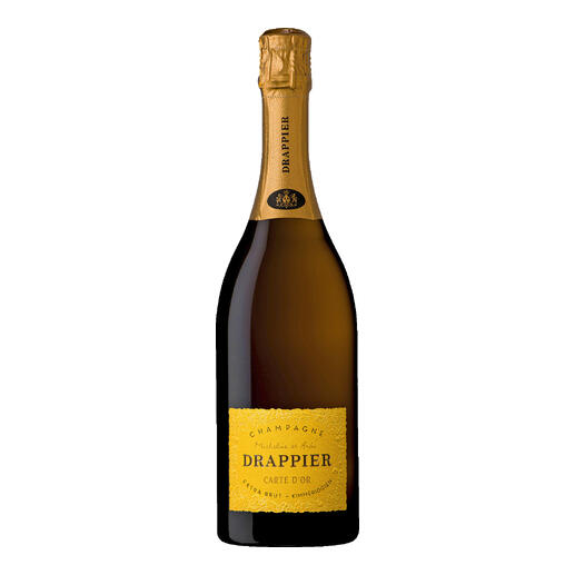 Flasche Champagne Drappier Carte d'Or mit goldener Etikettierung.