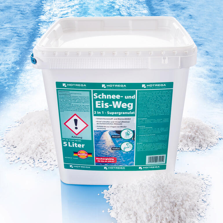 5-liter Eimer mit Schnee- und Eis-Weg Granulat für die Winterverwendung.