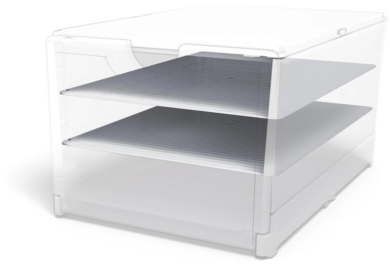 Transparente Box mit zwei weißen Einlegeböden