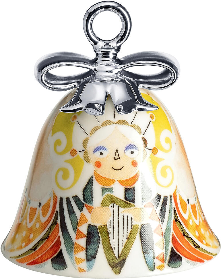 Alessi Weihnachtsglocke mit Engelmotiv, bunt dekoriert.