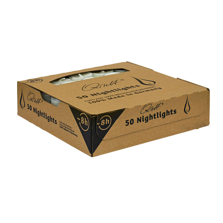 Teelichter in recyclebarer Verpackung, 50 Stück.