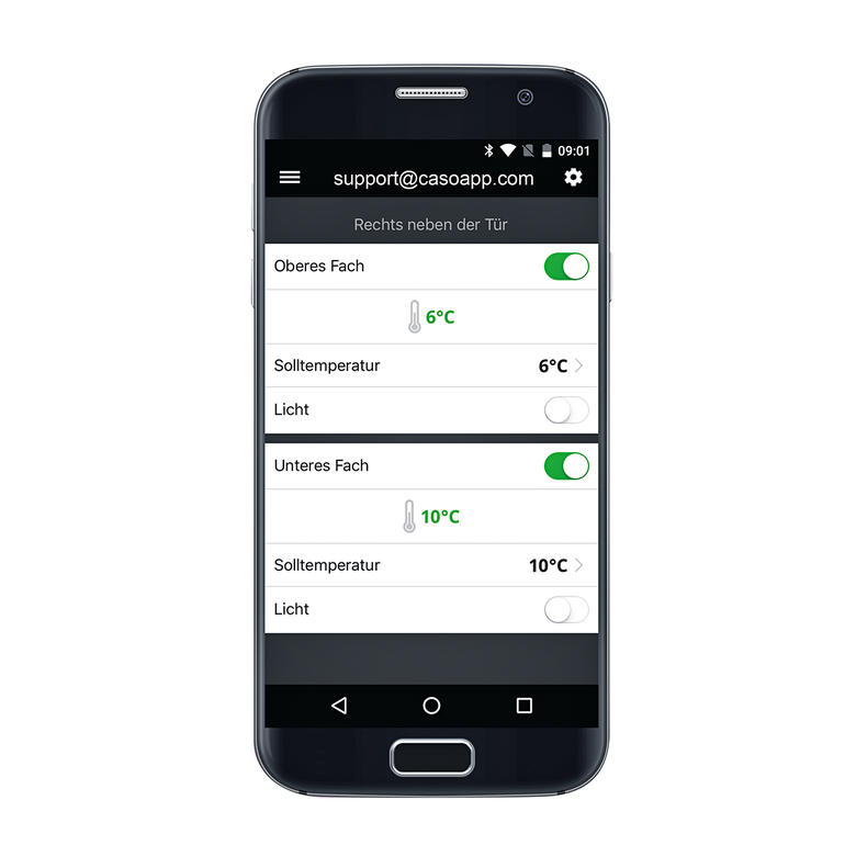 Auf Wunsch auch per Smartphone über die WineControl-App (iOS/Android, kostenlos) kontrollier- und steuerbar. Smartphone zeigt die Temperatureinstellungen des WineChef Pro.