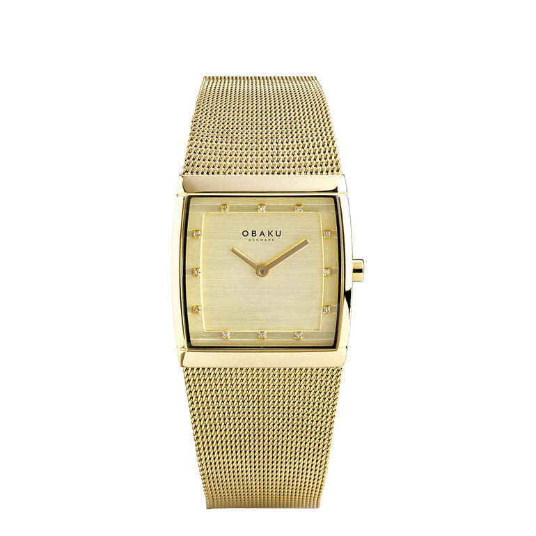 Obaku Karree-Damenuhr in Gold mit glitzerndem Zifferblatt.