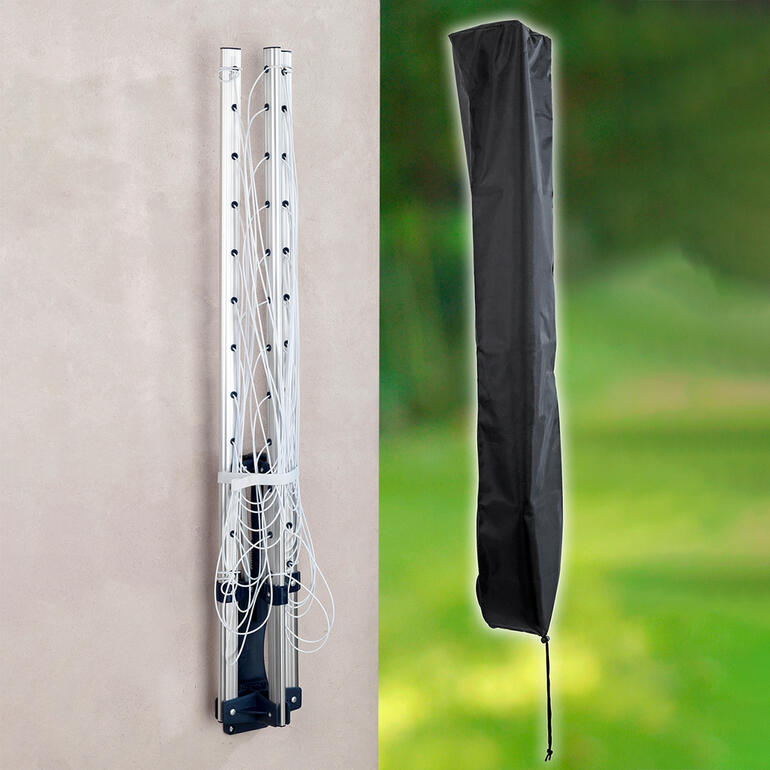 Faltbare Wand-Wäschespinne, zusammengeklappt und in Abdeckung.