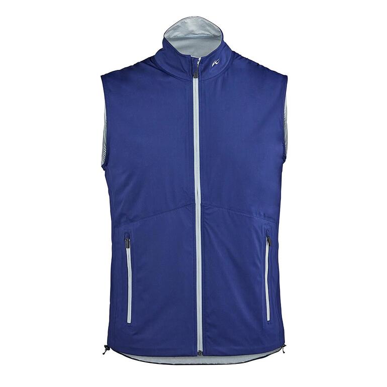 Blaue Weste ohne Ärmel mit Reißverschluss und Seitentaschen.