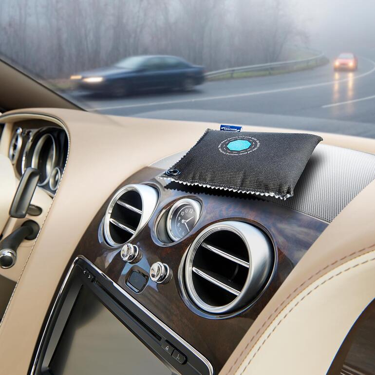 Autoentfeuchter auf dem Armaturenbrett eines Fahrzeugs in nebliger Umgebung.