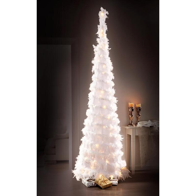 Weißer LED-Federbaum mit Beleuchtung und Geschenken.