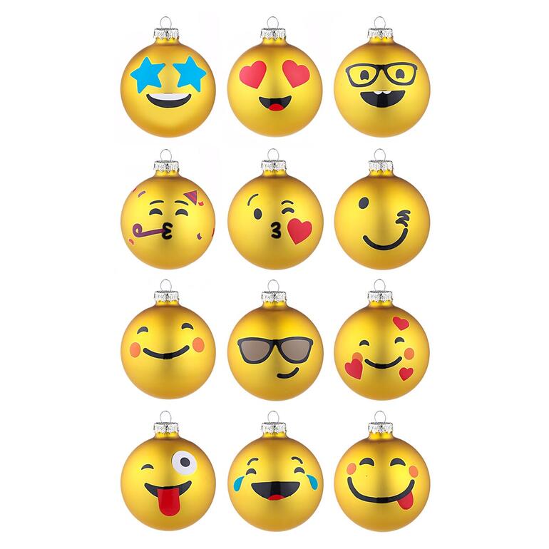 12 Emoji-Weihnachtskugeln in einer Reihe auf einem weißen Hintergrund