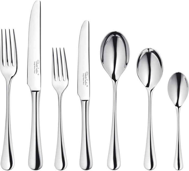 42-teiliges Set enthält: je 6 Gabeln, Messer, Vorspeisengabeln, Vorspeisenmesser, Esslöffel, Dessertlöffel, Teelöffel. Set Design-Besteck Radford auf weißem Hintergrund.