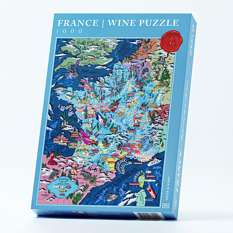 Verpackung des Wein-Puzzles Frankreich mit buntem Kunstwerk.
