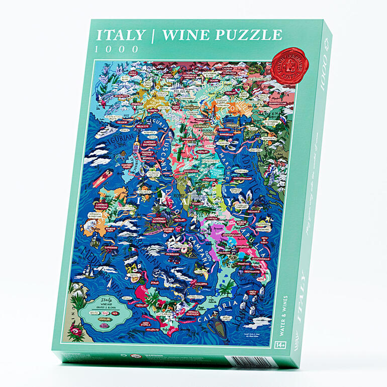Verpackung des Wein-Puzzles mit Italienkarte und bunten Weinregionen.