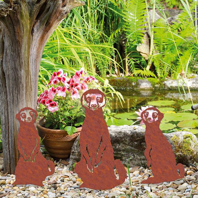In Ihrem Garten und Beet – sowie in Ihren Kübeln und Pflanzgefäßen sorgt das kecke Erdmännchen-Trio stets für gute Laune. Erdmännchen-Gartenstecker Set von drei Erdmännchen im Garten.