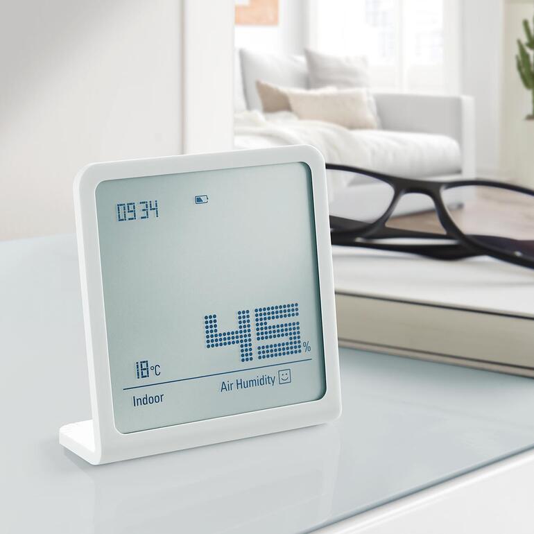 Design-Hygrometer in Quadratform mit Anzeige von Temperatur und Luftfeuchtigkeit