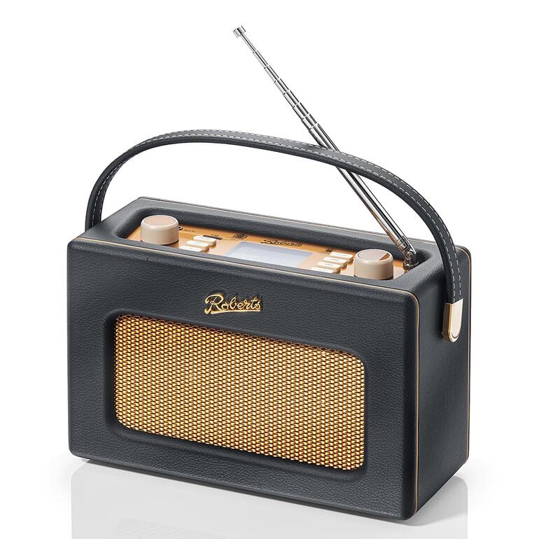 Roberts Radio Revival iStream 3L in schwarzer Farbe auf einem Tisch.