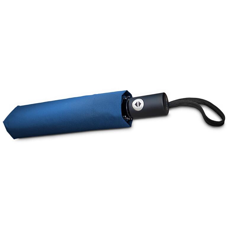 Smart Fold Taschenschirm Zugeklappter Smart Fold Taschenschirm in dunklem Blau.