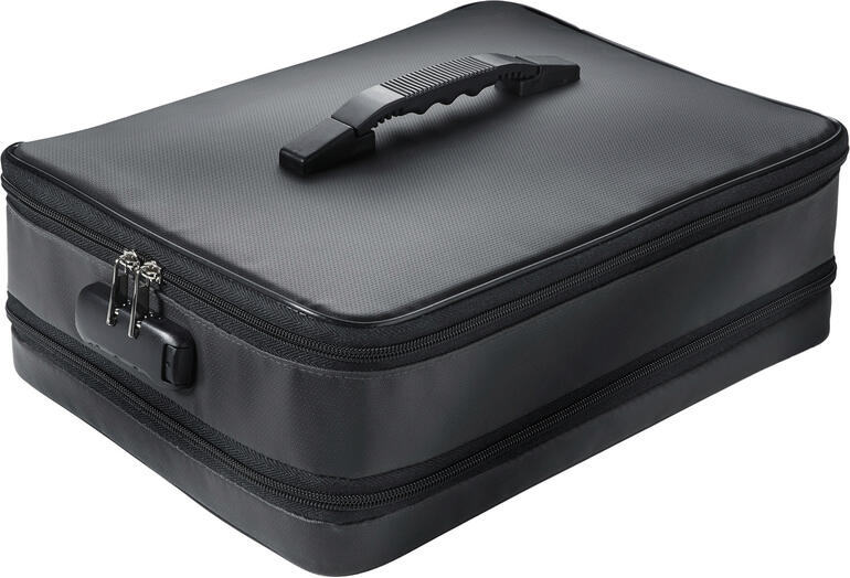 Schwarze Sicherheits-Dokumententasche in geschlossener Ansicht.