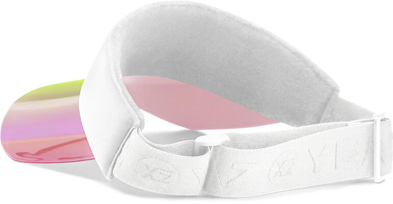 Die weiche Frottee-Innenseite absorbiert Schweiß und verhindert Druckstellen. Sonnen-Visor mit buntem Visier auf einem weißen Hintergrund.