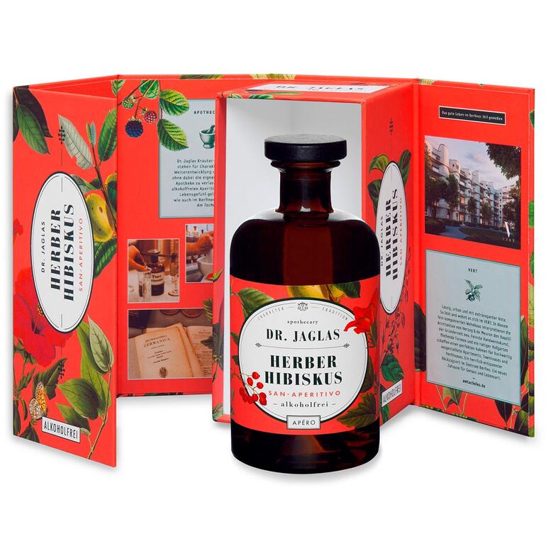Das Berliner Apothekenlabel Dr. Jaglas steht mit seinen Kräuter-Spirituosen als Synonym für Reinheit, Charakter und Tradition. Dr. Jaglas Herber Hibiskus in Geschenkverpackung mit Informationen.