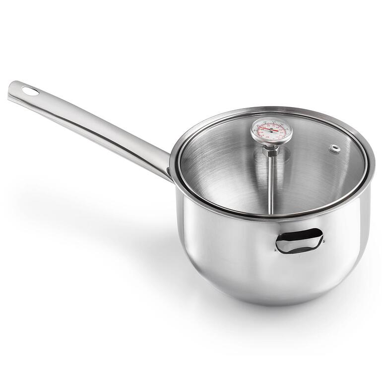 Simmertopf mit Glasdeckel Edelstahl Simmertopf mit Glasdeckel und integriertem Thermometer.