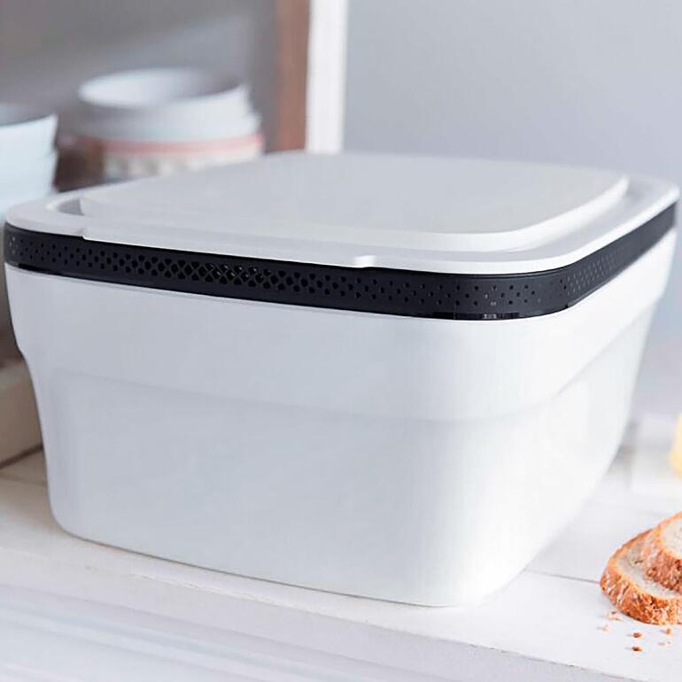 Langlebige Qualität von Tupperware®, in zwei Größen erhältlich. Tupperware® BreadSmart geschlossen auf einem Regal.