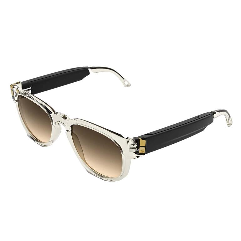 Wahlweise erhältlich: Audio Sonnenbrille mit getönten Zeiss-Sonnenschutzgläsern (UV400). Transparente Audio-Sonnenbrille mit braunen Gläsern auf weißem Hintergrund.