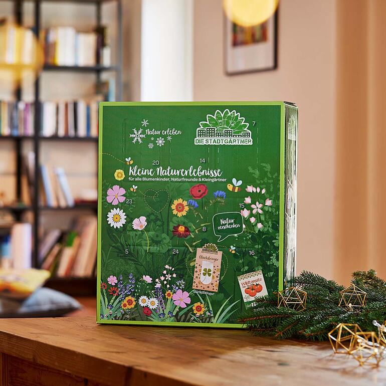 Adventskalender Naturfreunde von der Seite mit zahlreichen Fächern