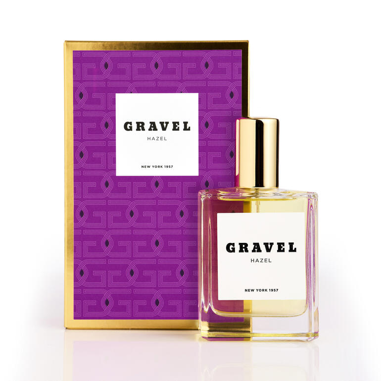 Gravel Hazel Eau de Parfum Spray in orange- und lila-verpackter Box