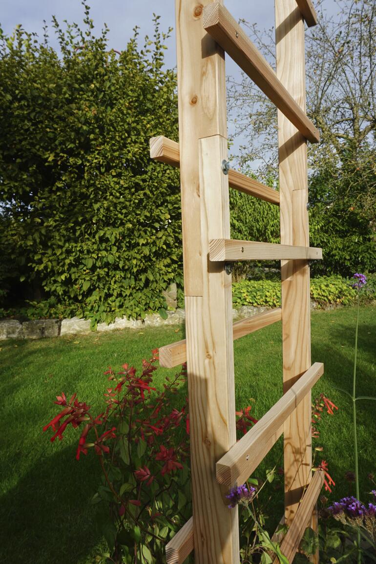 Nahaufnahme der stabilen Holzrankhilfe, Holzmaterial in natürlicher Umgebung.